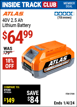 Harbor Freight Coupons, HF Coupons, 20% off - 40v 2.5 Ah Lithium Battery