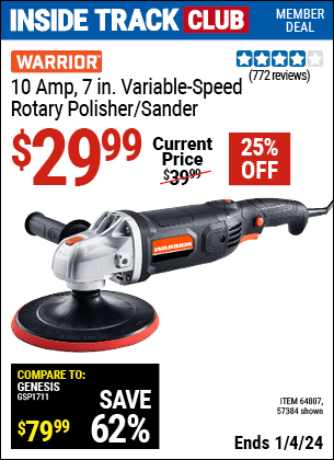 Harbor Freight Coupons, HF Coupons, 20% off - Corded 7 in. 10 Amp Variable Speed Polisher/Sander