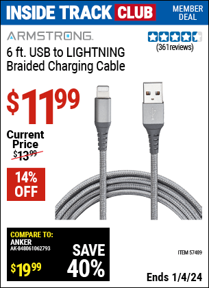 Harbor Freight Coupons, HF Coupons, 20% off - 6 ft. USB to LIGHTNING Braided Charging Cable