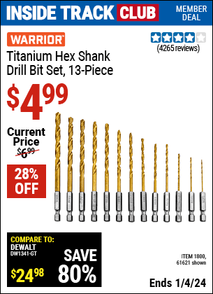 Harbor Freight Coupons, HF Coupons, 20% off - 13 Piece Titanium Nitride Coated High Speed Steel Drill Bits