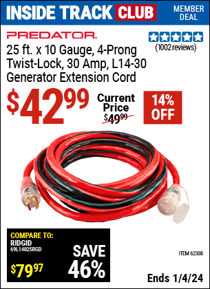 Harbor Freight Coupons, HF Coupons, 20% off - 25 Ft. X 10 Gauge Generator Duty Twist Lock Extension Cord