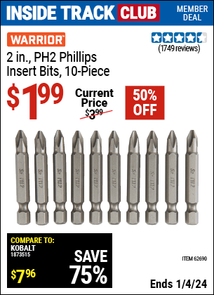 Harbor Freight Coupons, HF Coupons, 20% off - 10 Piece, 2' Ph2 Phillips Insert Bits
