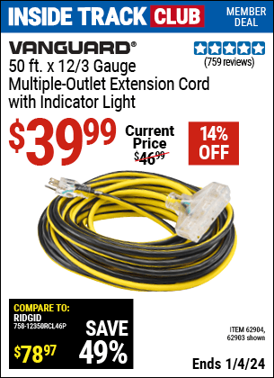 Harbor Freight Coupons, HF Coupons, 20% off - 12 Gauge X 50ft Multi-outlet Extension Cord With Indicator Light