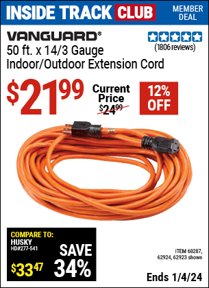 Harbor Freight Coupons, HF Coupons, 20% off - 50 Ft. X 14 Gauge Outdoor Extension Cord