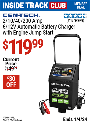 Harbor Freight Coupons, HF Coupons, 20% off - Cen-tech 2/10/40/200 Amp 6/12 Volt Automatic Battery Charger With Engine Jump Start