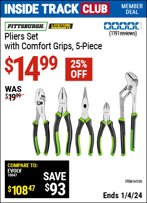 Harbor Freight Coupons, HF Coupons, 20% off - 5 Piece Pliers Set With Comfort Grips