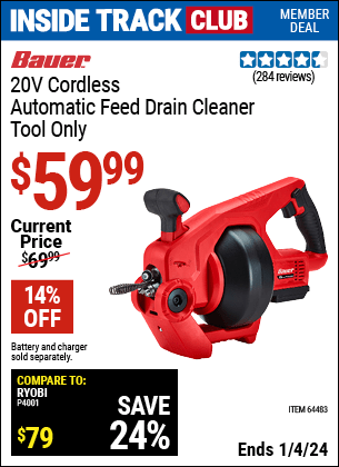 Harbor Freight Coupons, HF Coupons, 20% off - 20v Lithium-Ion Cordless Auto-Feed Drain Cleaner - Tool Only