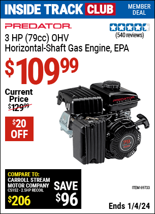 Harbor Freight Coupons, HF Coupons, 20% off - 3 Hp (79 Cc) Ohv Horizontal Shaft Gas Engine