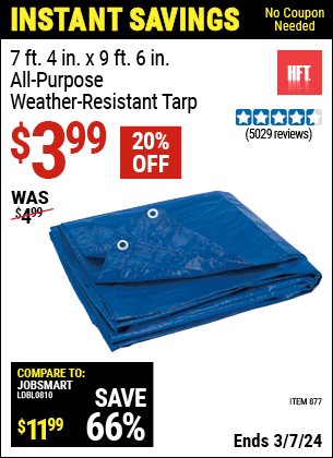Harbor Freight Coupons, HF Coupons, 20% off - HFT 7 ft. 4 in. x 9 ft. 6 in. Blue All Purpose/Weather Resistant Tarp for $2.99