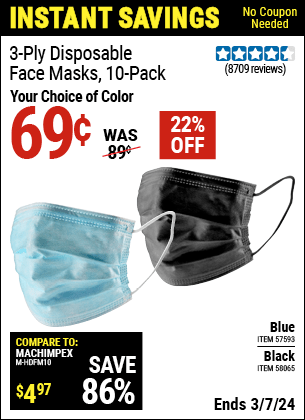 Harbor Freight Coupons, HF Coupons, 20% off - 3-Ply Disposable Face Masks