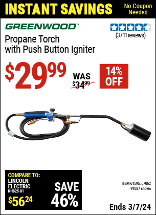 Harbor Freight Coupons, HF Coupons, 20% off - Propane Torch With Push Button Igniter