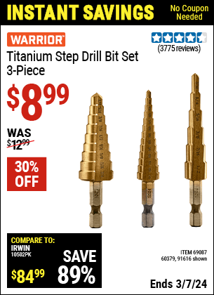 Harbor Freight Coupons, HF Coupons, 20% off - 3 Piece Titanium High Speed Steel Step Bits