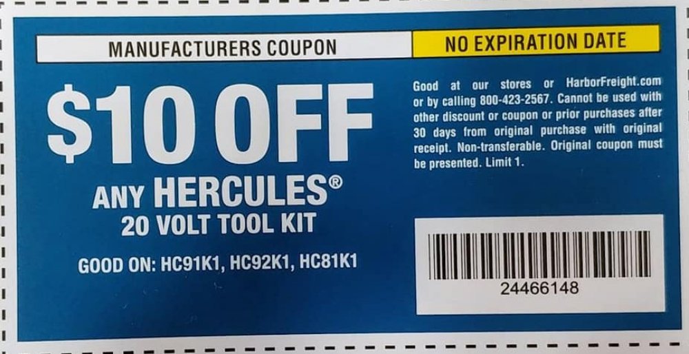 Harbor Freight Tools Coupons, Harbor Freight Coupon, HF Coupons-$10 OFF COUPON for Any HERCULES 20 Volt Tool Kit