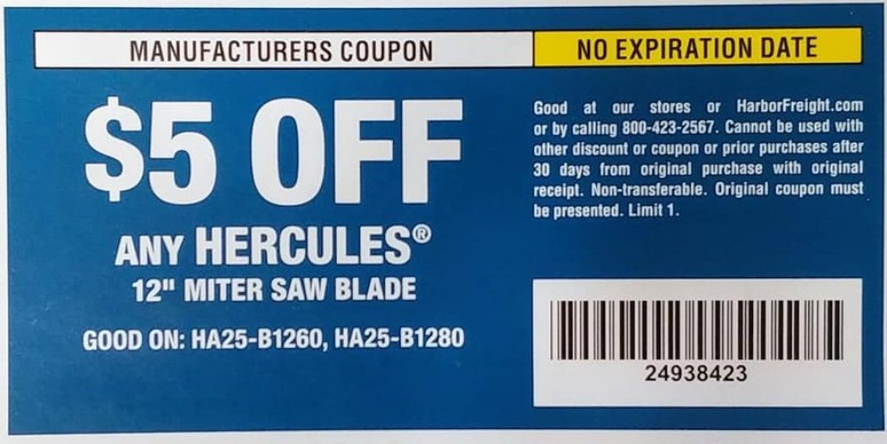 Harbor Freight Tools Coupons, Harbor Freight Coupon, HF Coupons-$5 off coupon for Any Hercules, MITER SAW BLADE