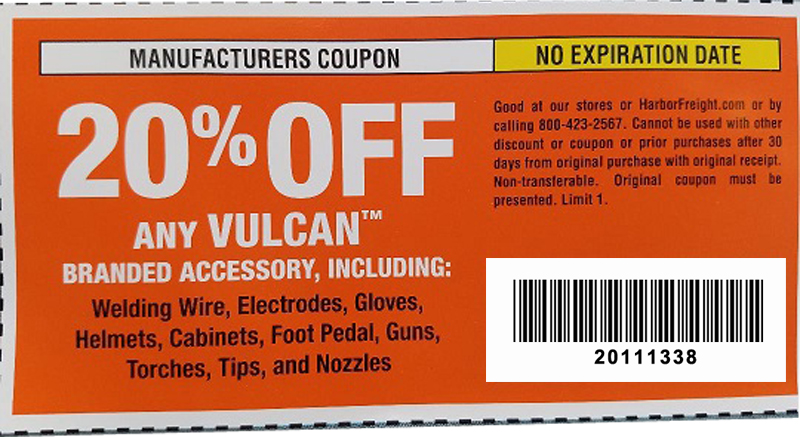 Harbor Freight Tools Coupons, Harbor Freight Coupon, HF Coupons-20% off coupon for ANY VULCAN, including Welding wire, Electrodes, Gloves, Helmets, Cabinets, Foot Pedal, Guns, Torches, Tips and Nozzles