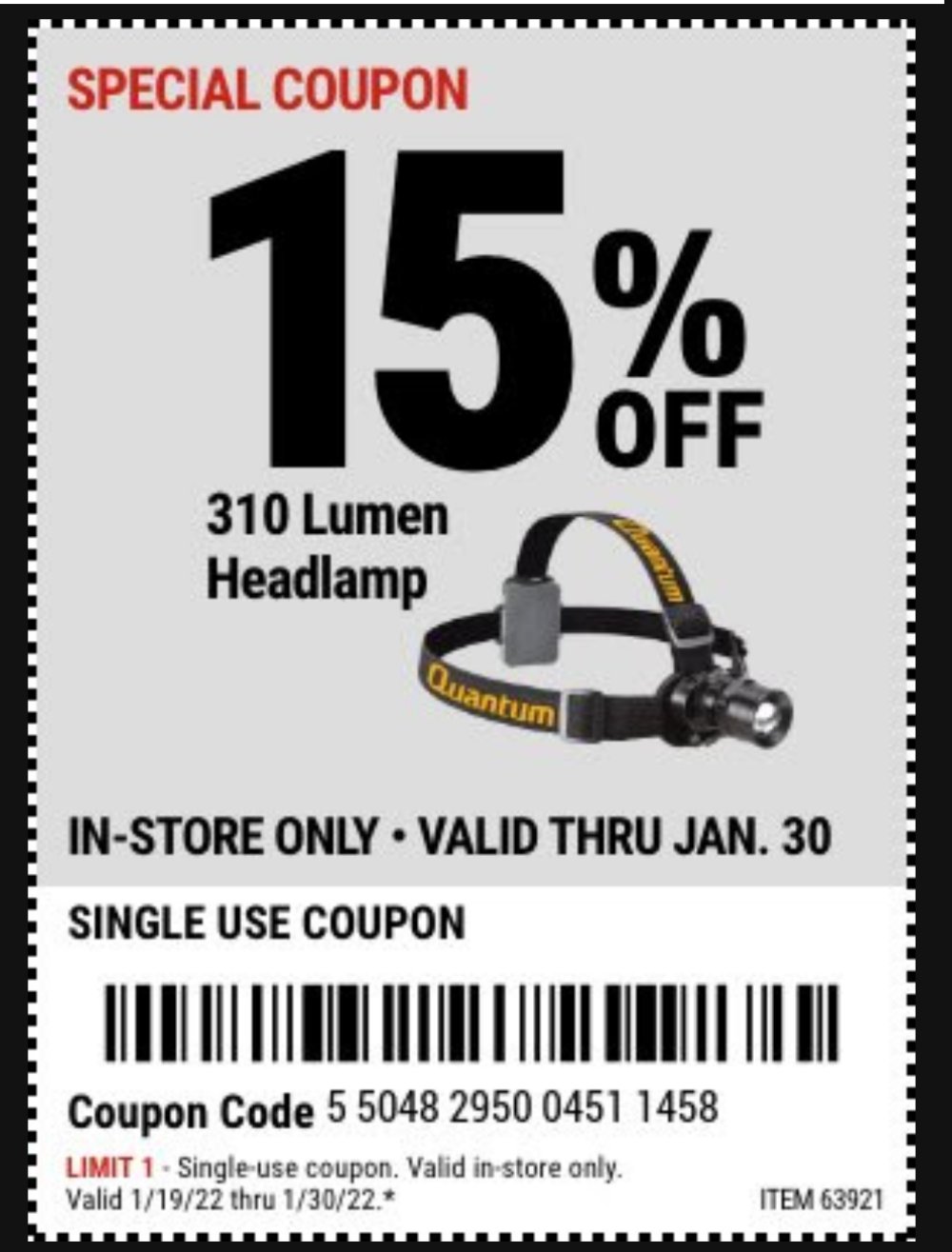 Harbor Freight Coupon, HF Coupons - 15% off 310 Lumen Headlamp, Item #63921