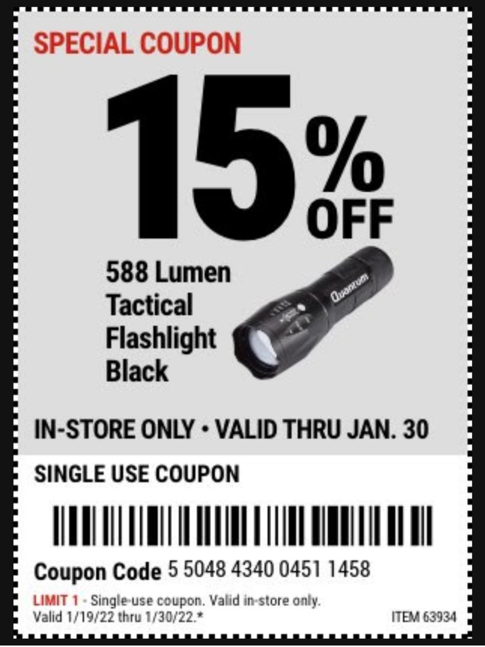 Harbor Freight Coupon, HF Coupons - 15% off 588 Lumen Tactical Flashlight, Black, Item #63934