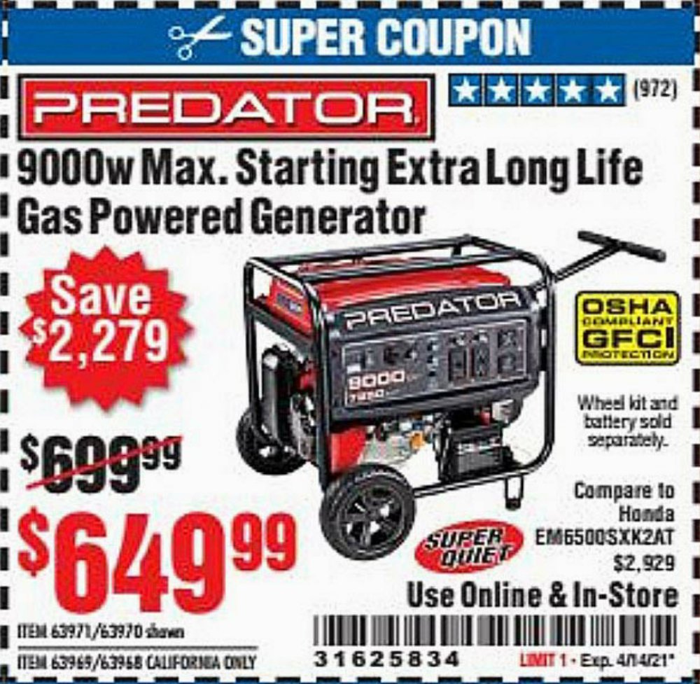 Harbor Freight Coupon, HF Coupons - 9000 Peak / 7250 Running Watts, 13 Hp (420 Cc) Gas Generator