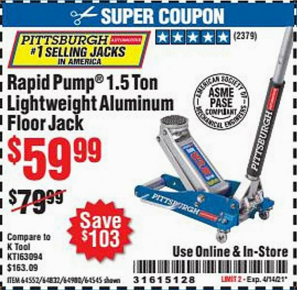 Harbor Freight Coupon, HF Coupons - Pittsburgh Rapid Pump 1.5 Ton Lightweight Aluminum Floor Jack