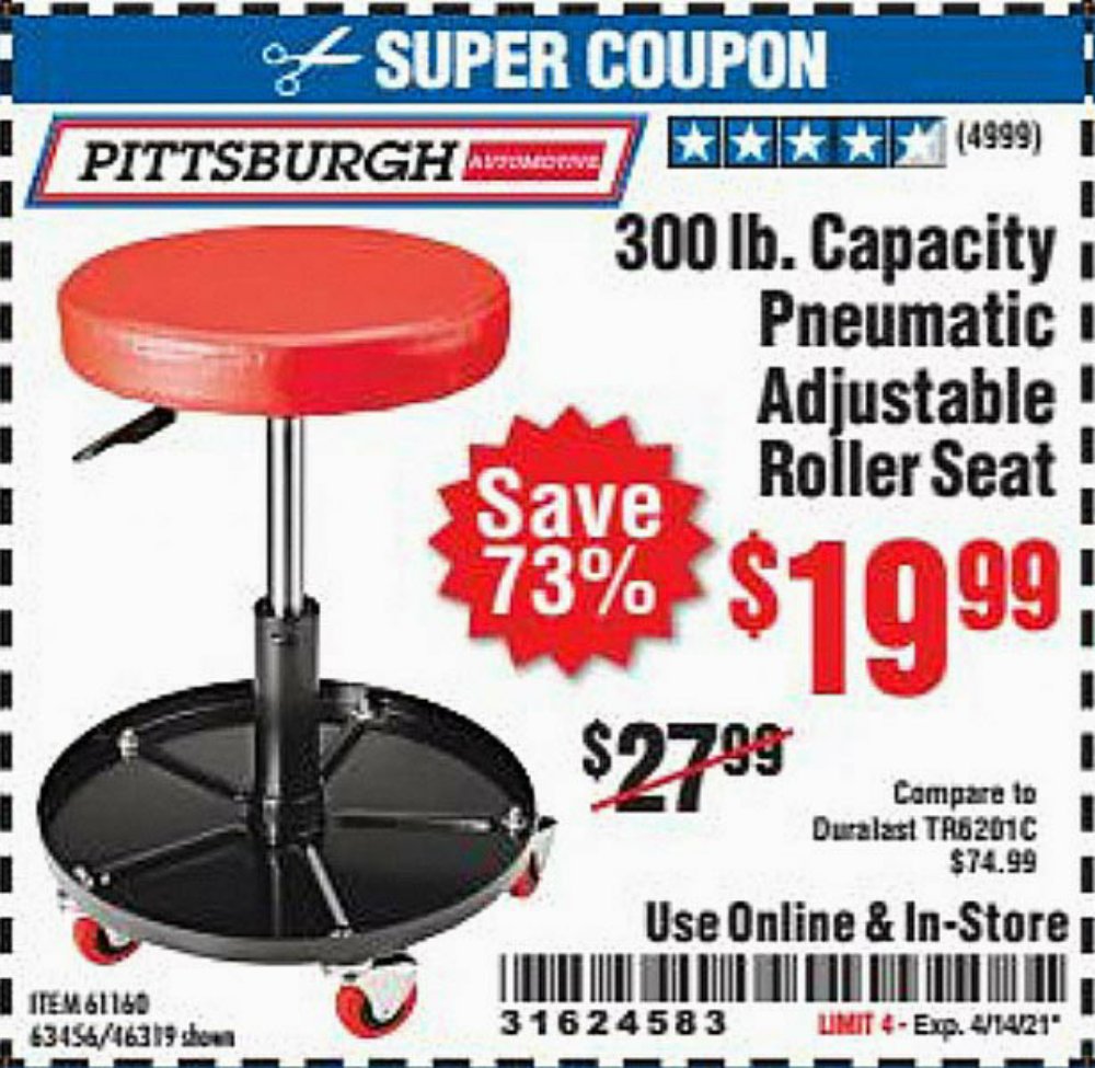 Harbor Freight Coupon, HF Coupons - Mechanic's Roller Seat, Pneumatic Adjustable Roller Seat