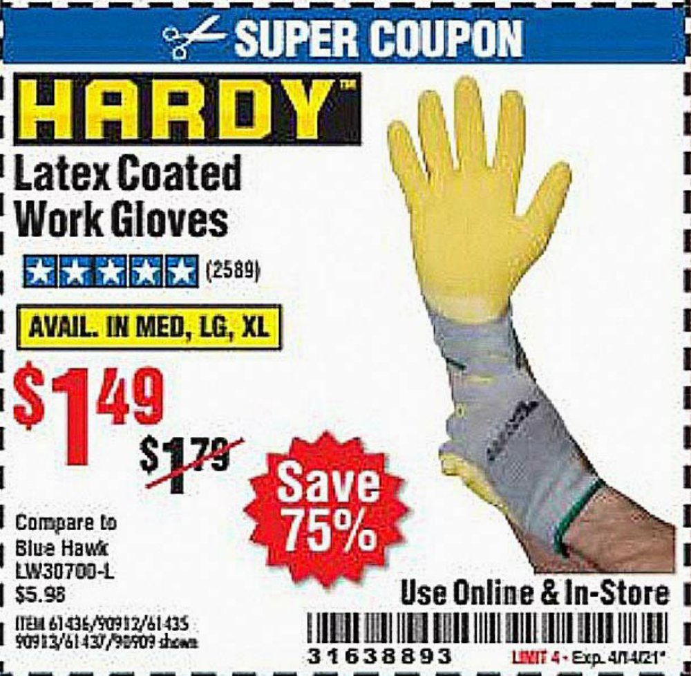 Harbor Freight Coupon, HF Coupons - Hardy Latex Coated Work Gloves