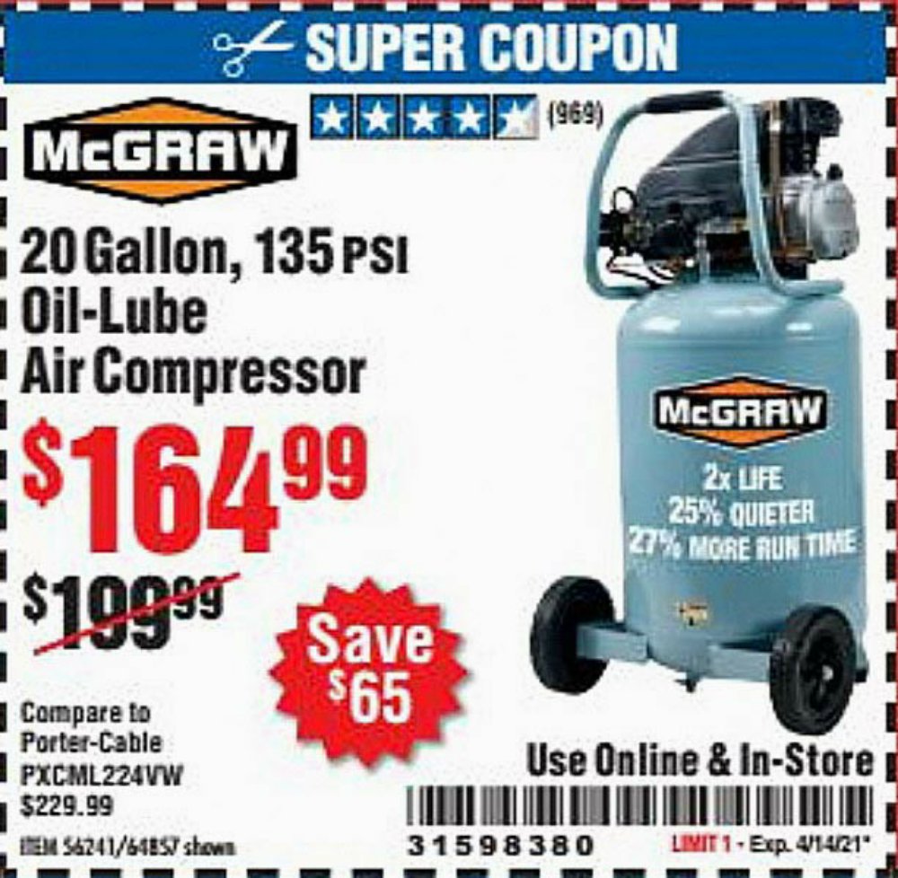 Harbor Freight Coupon, HF Coupons - Mcgraw 20 Gallon, 135 Psi Oil-lube Air Compressor