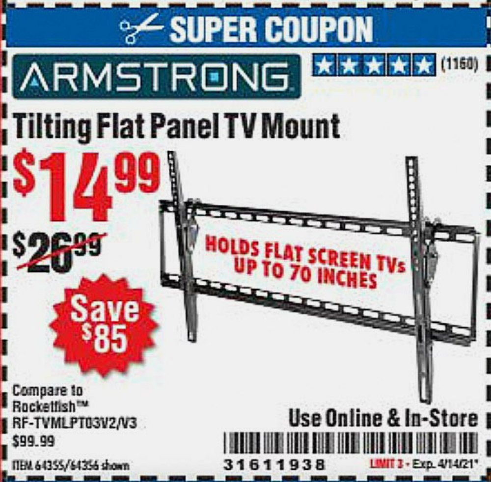 Harbor Freight Coupon, HF Coupons - ARMSTRONG Large Tilt Flat Panel TV Mount for $19.99
