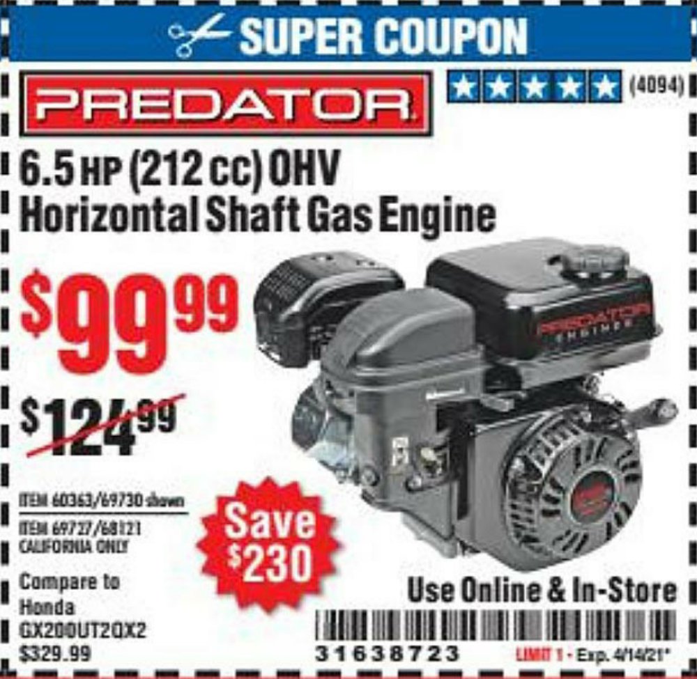 Harbor Freight Coupon, HF Coupons - 6.5 Hp (212 Cc) Ohv Horizontal Shaft Gas Engines