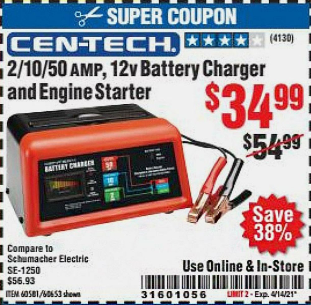 Harbor Freight Coupon, HF Coupons - 12 Volt, 2/10/50 Amp Battery Charger/engine Starter
