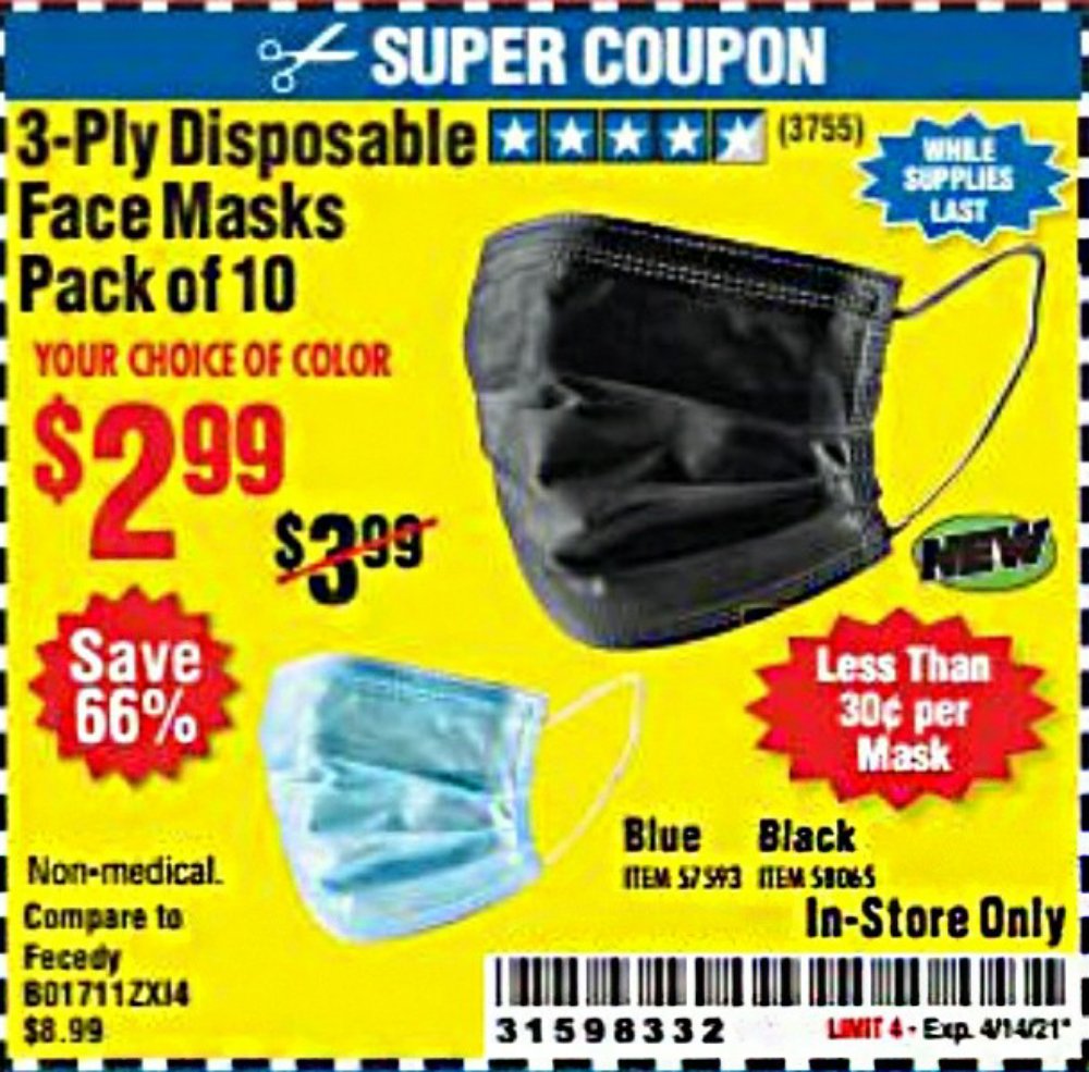 Harbor Freight Coupon, HF Coupons - 3-Ply Disposable Face Masks